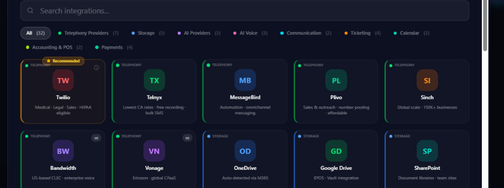 Integration Hub &mdash; 32+ connectors across 10 categories